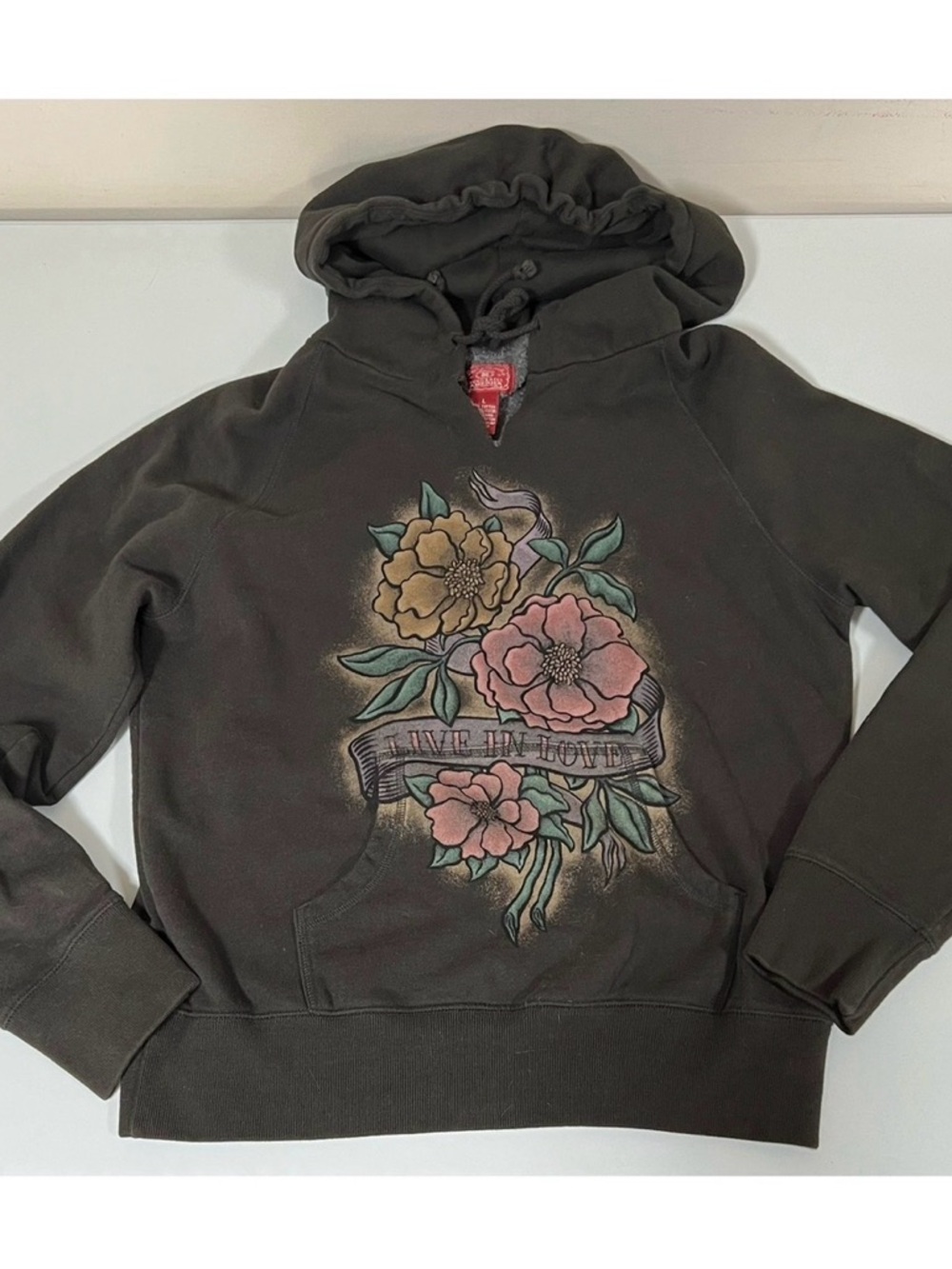 Lucky Brand ‘Live in Love’ Y2K Airbrush Pullover Sweatshirt Hoodie Size L 🌹✨
